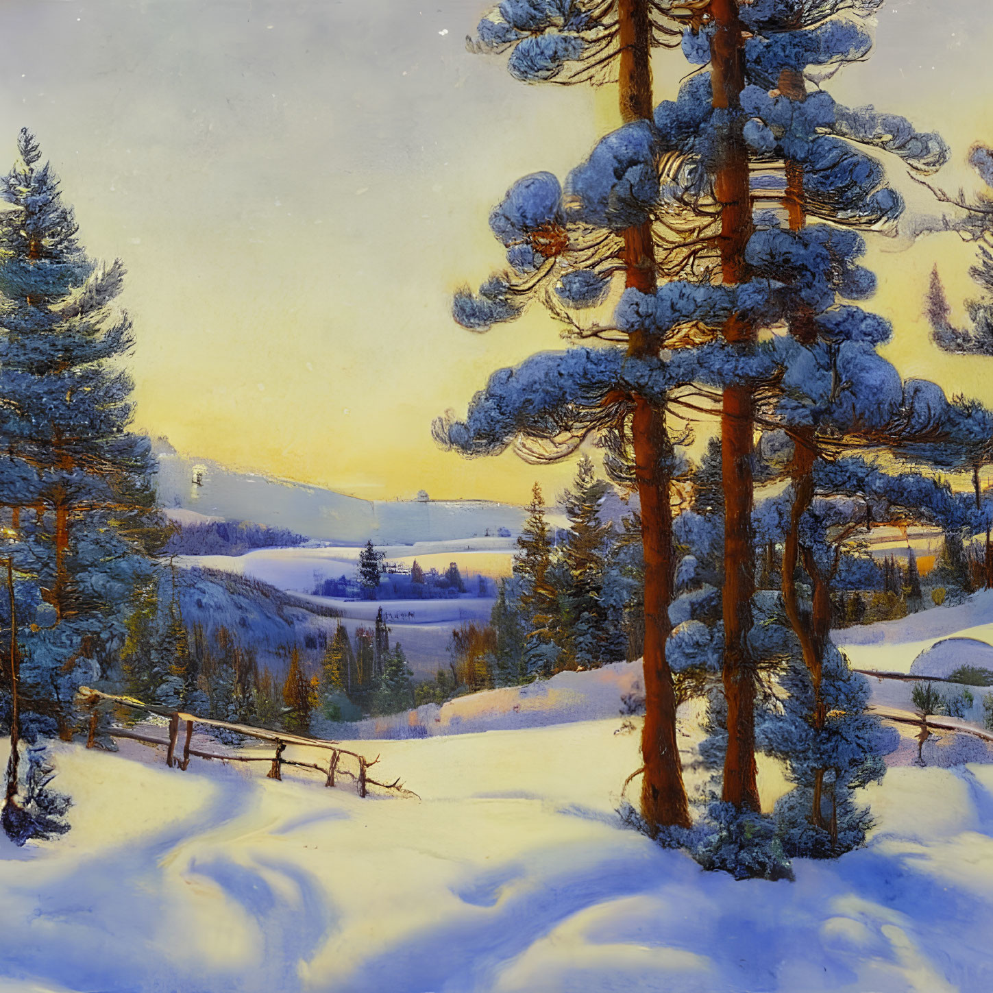 Snow-covered trees and wooden fence in sunset winter landscape