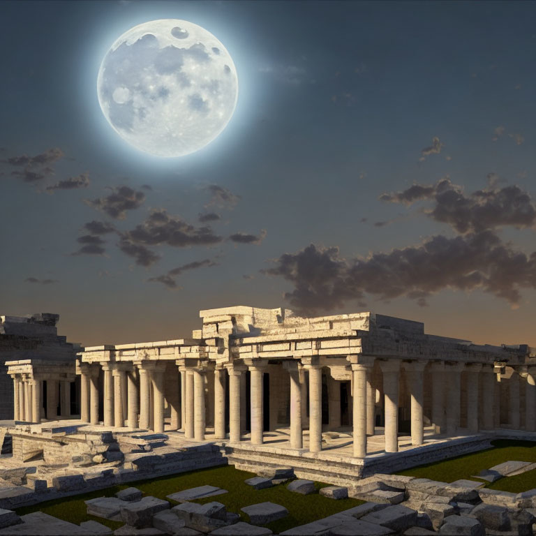 Ancient ruins with Doric columns under a full moon and dusk sky