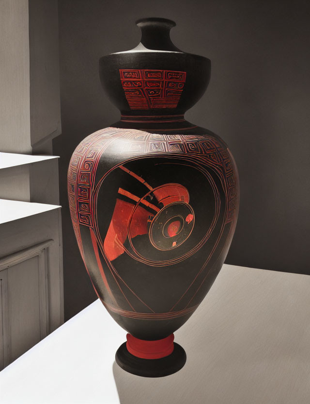 Black and Red Geometric Pattern Greek Warrior Helmet Vase