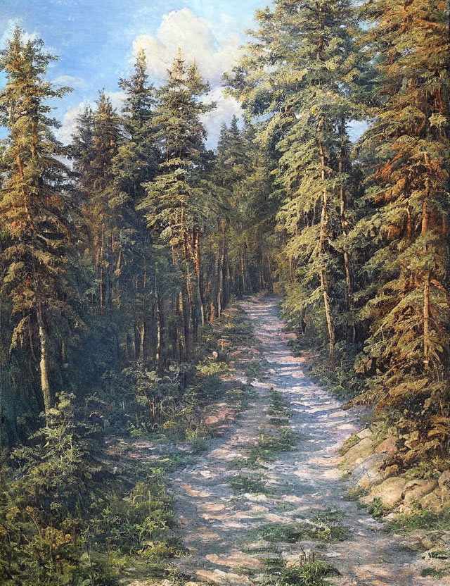 Tranquil forest painting with sunlit pine trees and narrow path