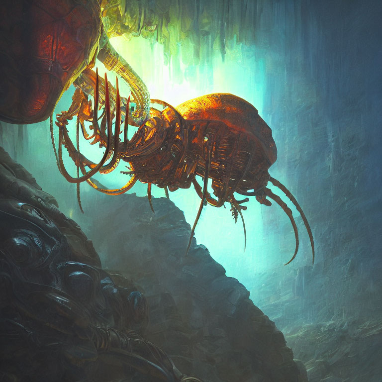 Glowing orange mechanical lobster in mystical underwater scene