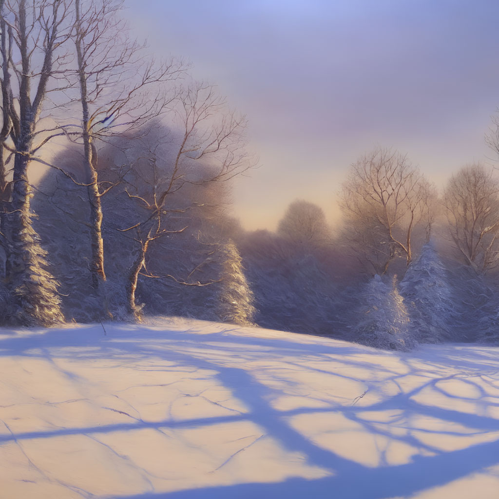 Snow-covered Winter Landscape with Long Shadows at Sunrise or Sunset