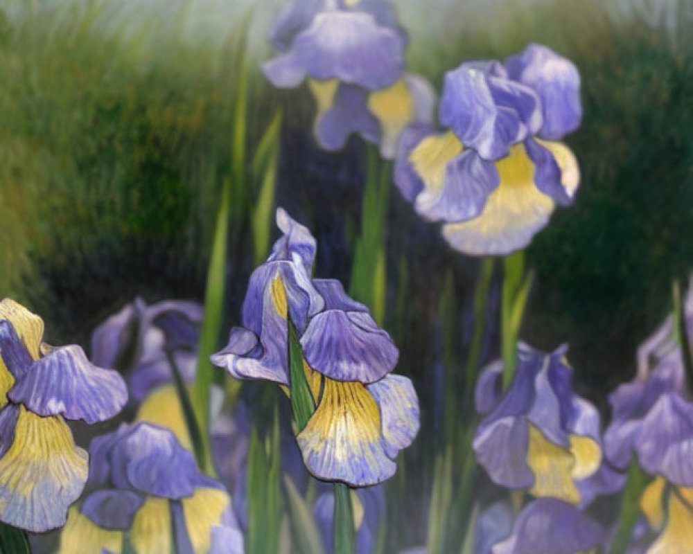 Purple and Yellow Irises Painting with Soft Focus on Grassy Background