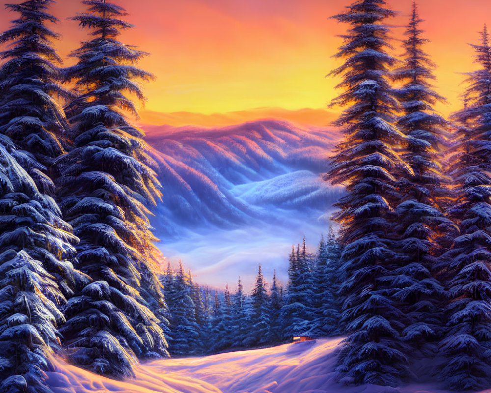 Snow-covered pine trees at sunset with mountainous backdrop and cabin.