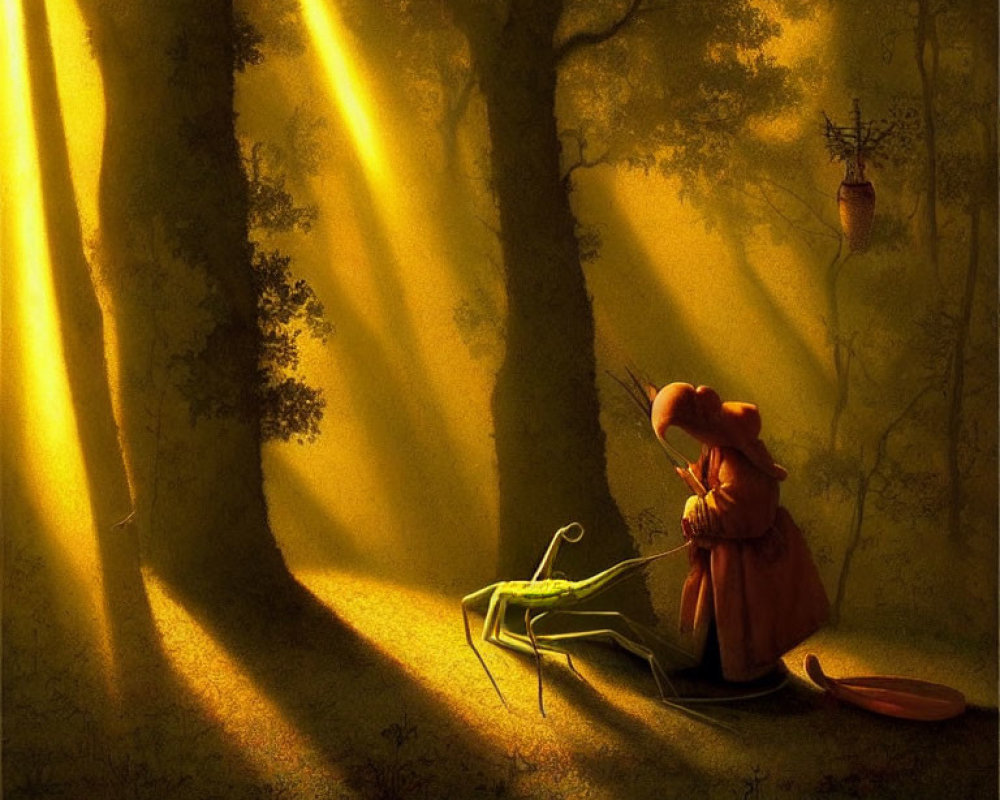 Child in red hood with green praying mantis in mystical forest under golden sunlight