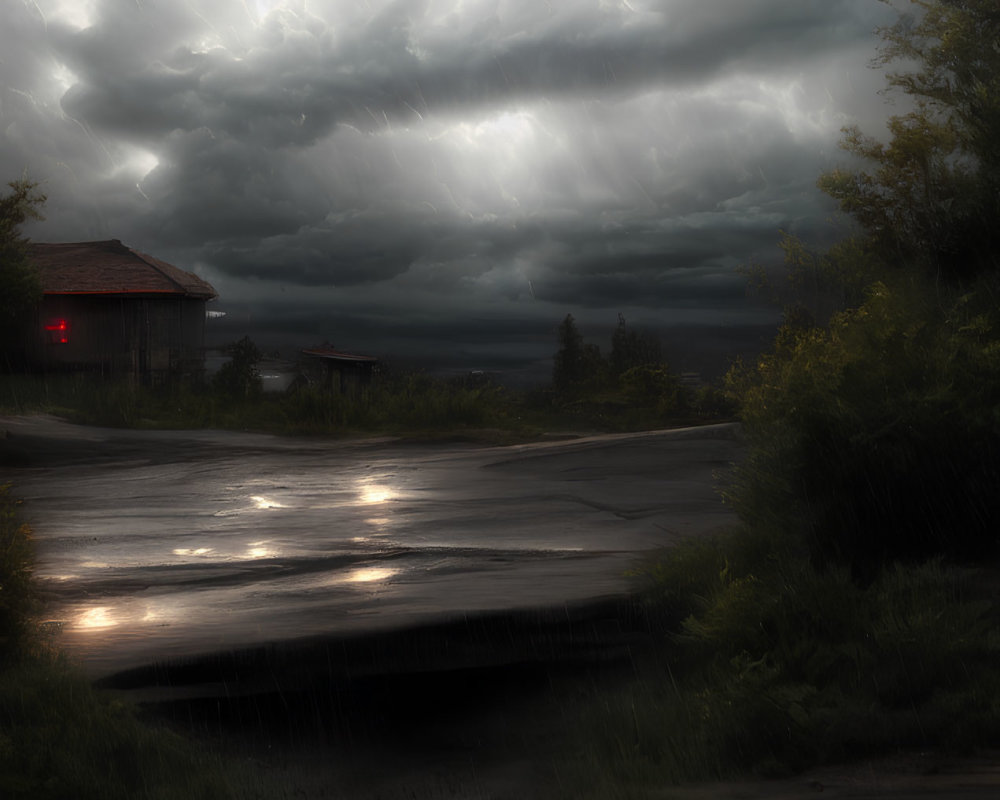 Stormy rural road with rain and lone building under heavy clouds