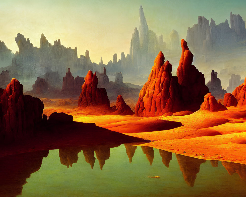 Alien landscape with towering red rock formations and calm water reflections