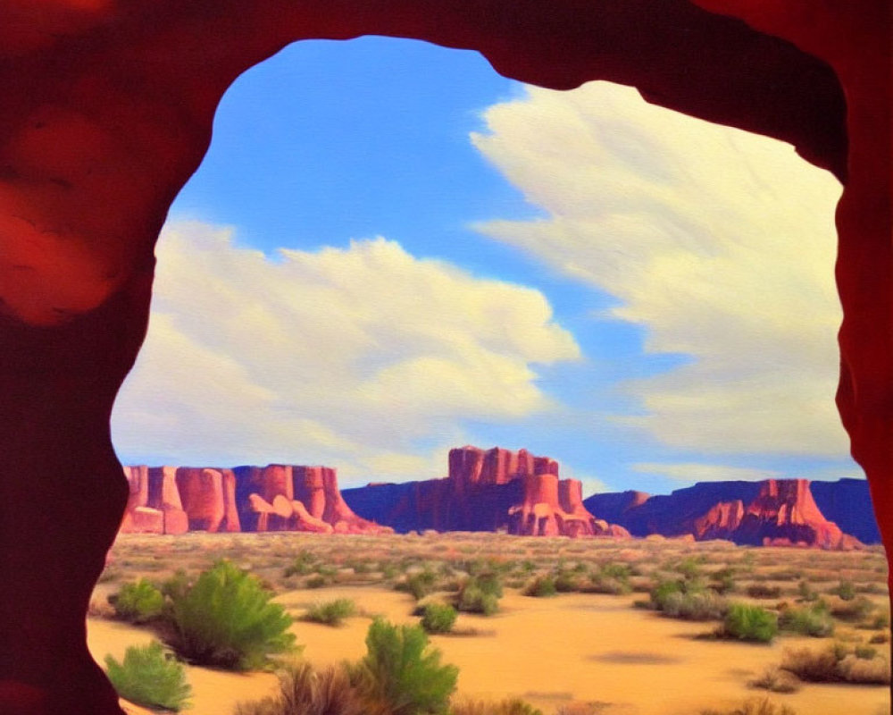 Red Sandstone Formations in Desert Cave View.