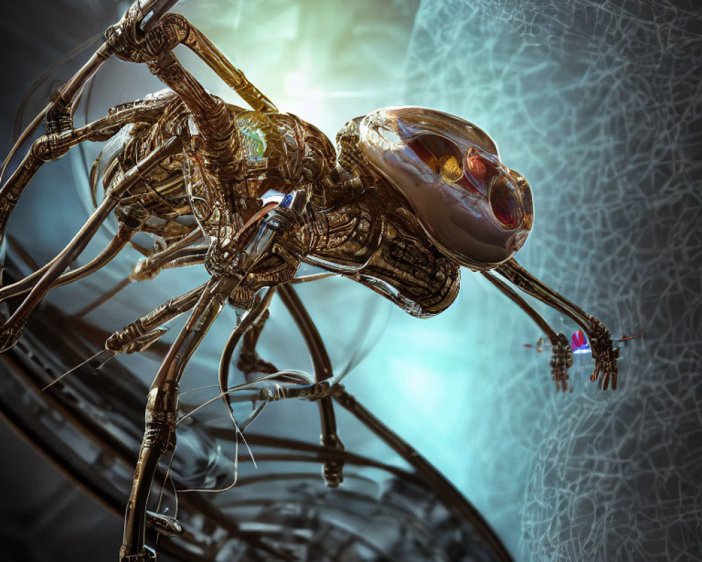 Detailed Mechanized Spider with Metallic Parts and Luminescent Eyes on Futuristic Background