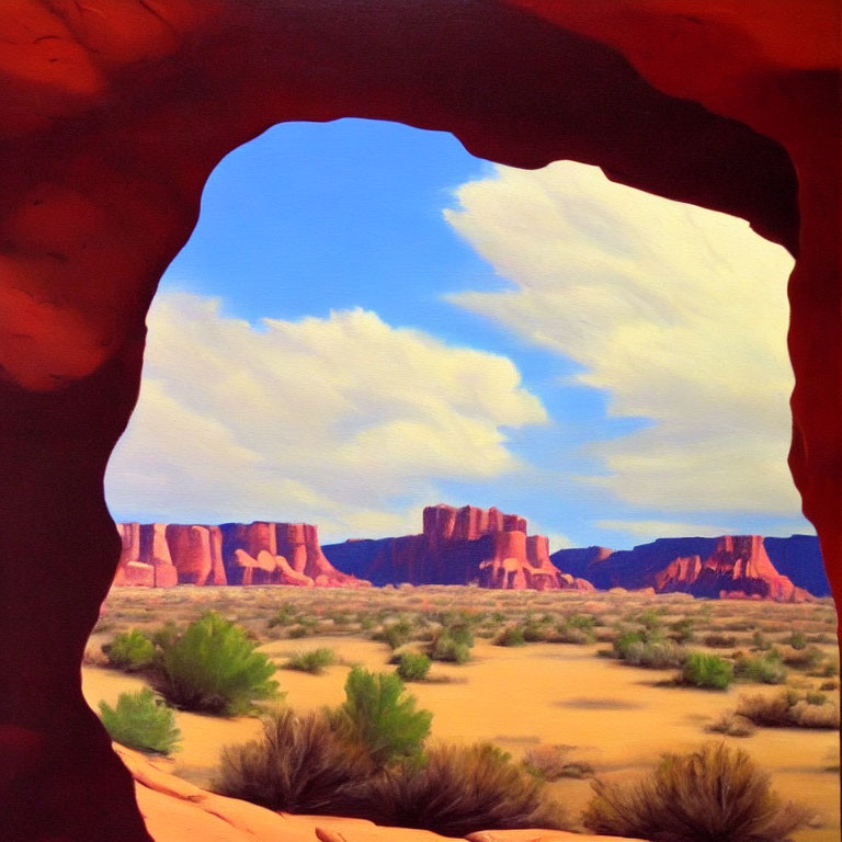 Red Sandstone Formations in Desert Cave View.