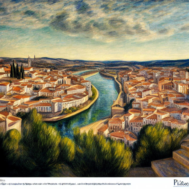 Scenic painting of river through historic town and rolling hills