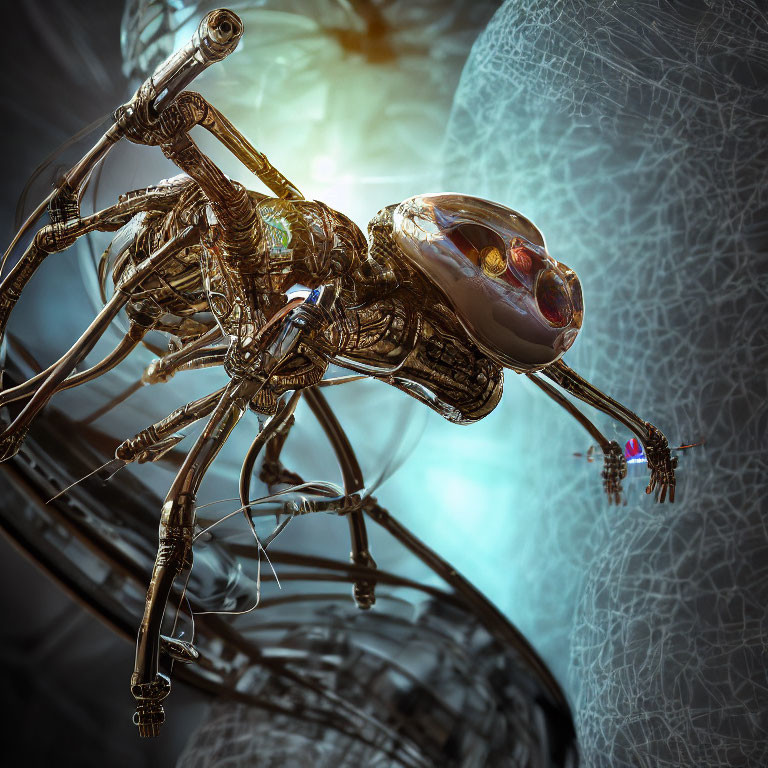 Detailed Mechanized Spider with Metallic Parts and Luminescent Eyes on Futuristic Background