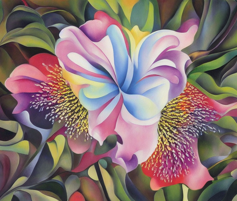Colorful Stylized Painting of Large Bloom in Blue, Pink, and White