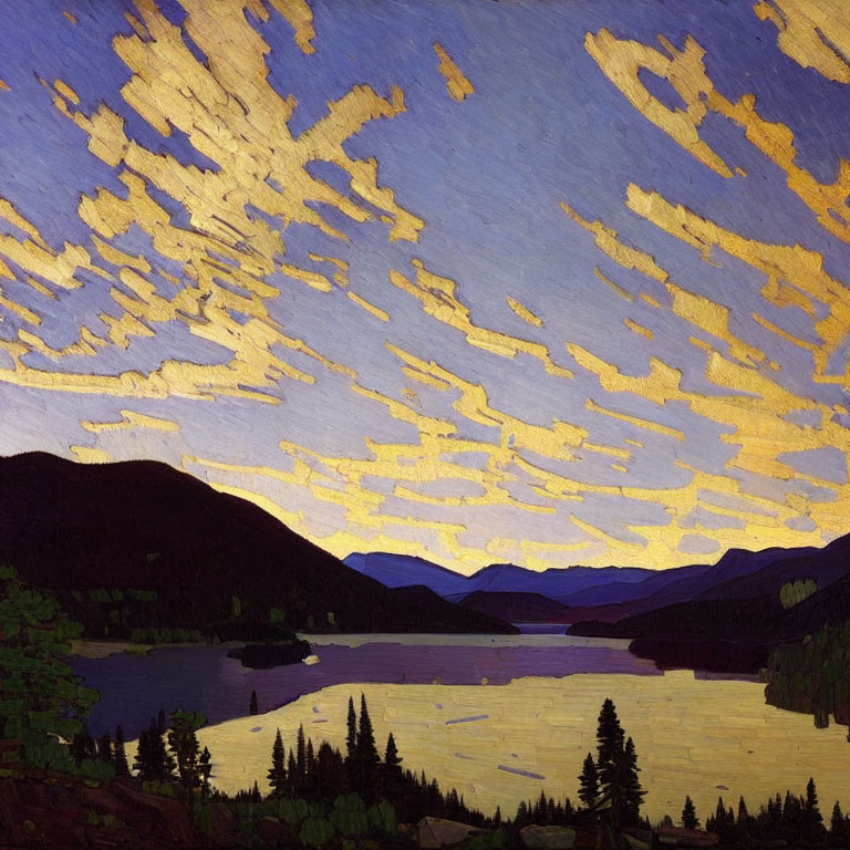 Colorful sunset painting of mountainous lakeside landscape