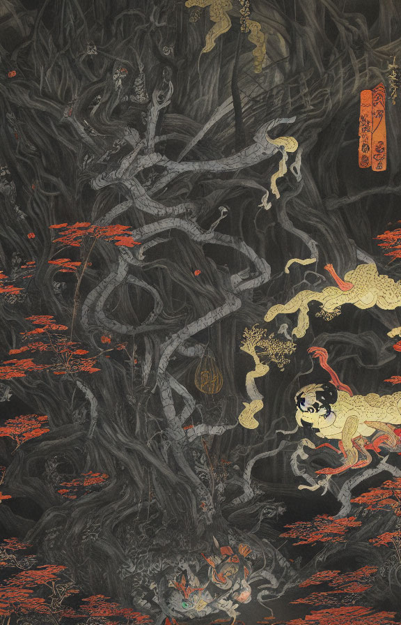 Traditional Asian Artwork: Stylized Scene with Twisting Tree Branches and Ethereal Creatures