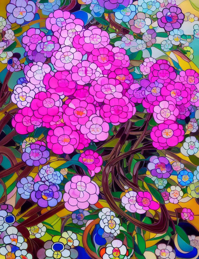 Colorful painting of pink, purple, and white flowers on twisting brown stems
