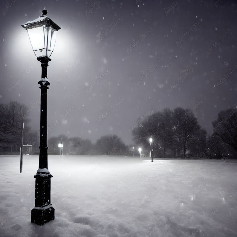 Snowy night scene with glowing street lamp and falling snowflakes
