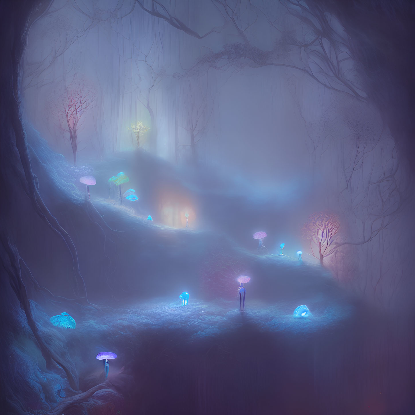 Enchanting twilight forest with glowing mushrooms and foggy ambiance