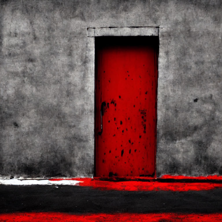 Vibrant red door on muted gray wall with red accents - moody and dramatic scene