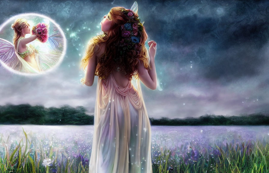 Ethereal woman with wings in flower field under starry sky