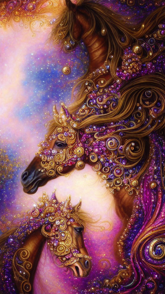 Stylized ornate horses with jeweled adornments on vibrant cosmic background