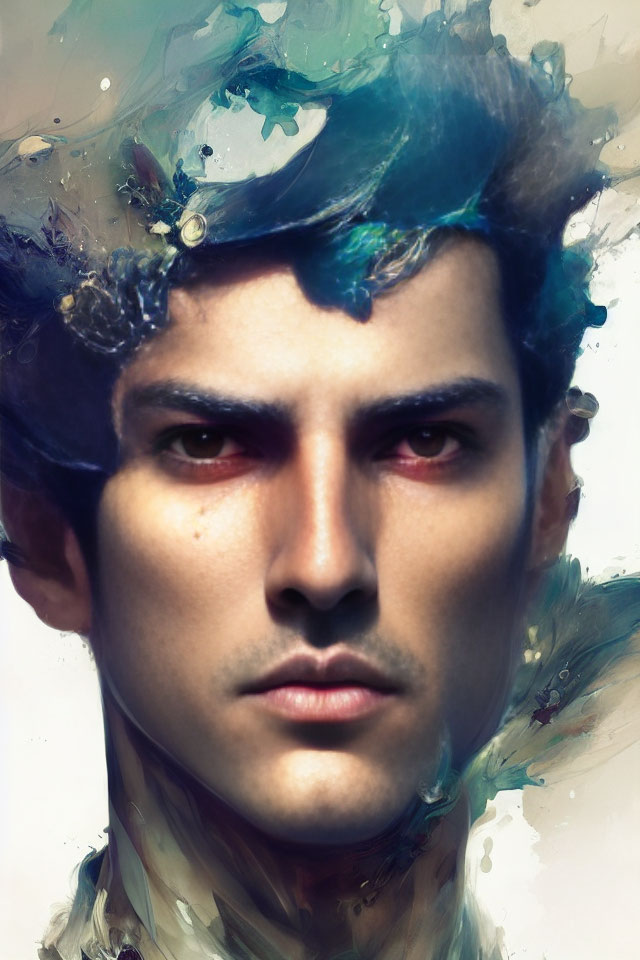 Intense gaze digital portrait with dynamic blue and brown paint-like textures