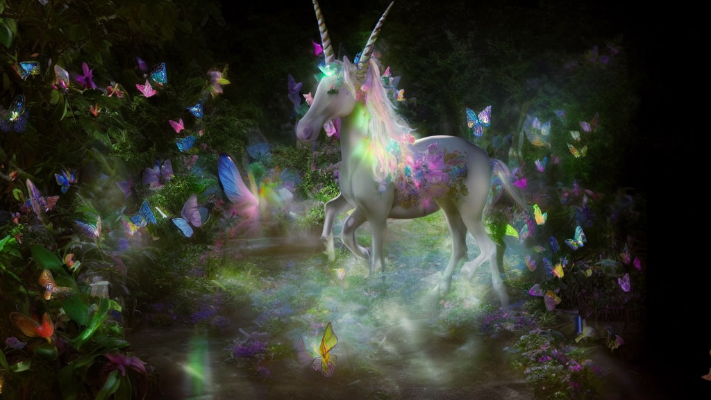 Glowing unicorn with magical horn in mystical forest