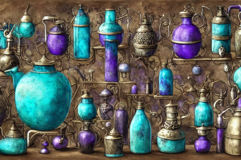 Antique Teal and Purple Vases, Jars, and Bottles on Wooden Shelf