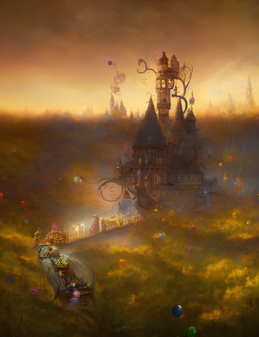 Fantasy landscape painting with ornate towers and vintage train at dusk