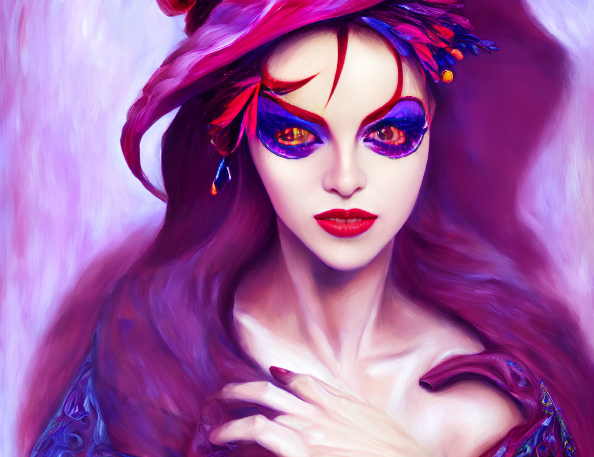 Woman with Vibrant Purple Makeup and Feathers in Mysterious Masquerade Look