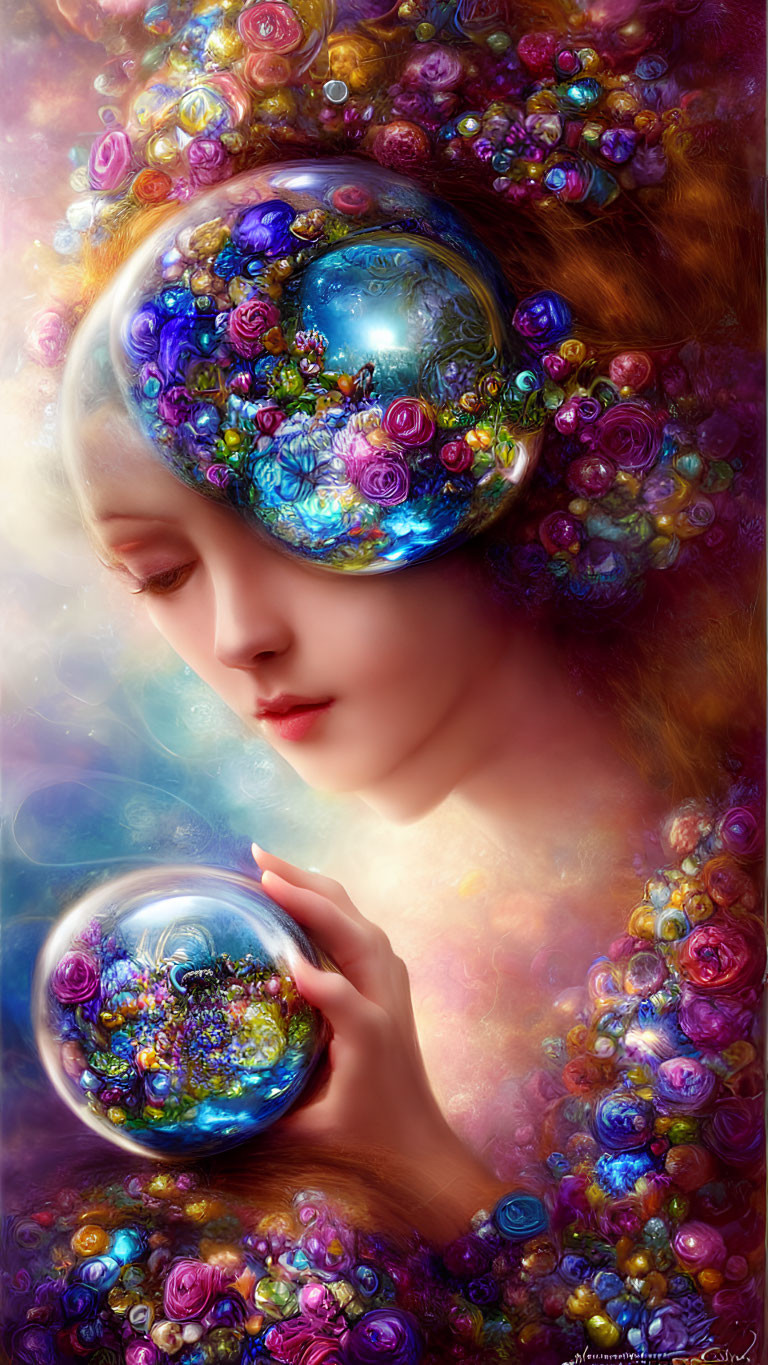 Surreal portrait of woman with pastel flowers and orbs in dreamy setting