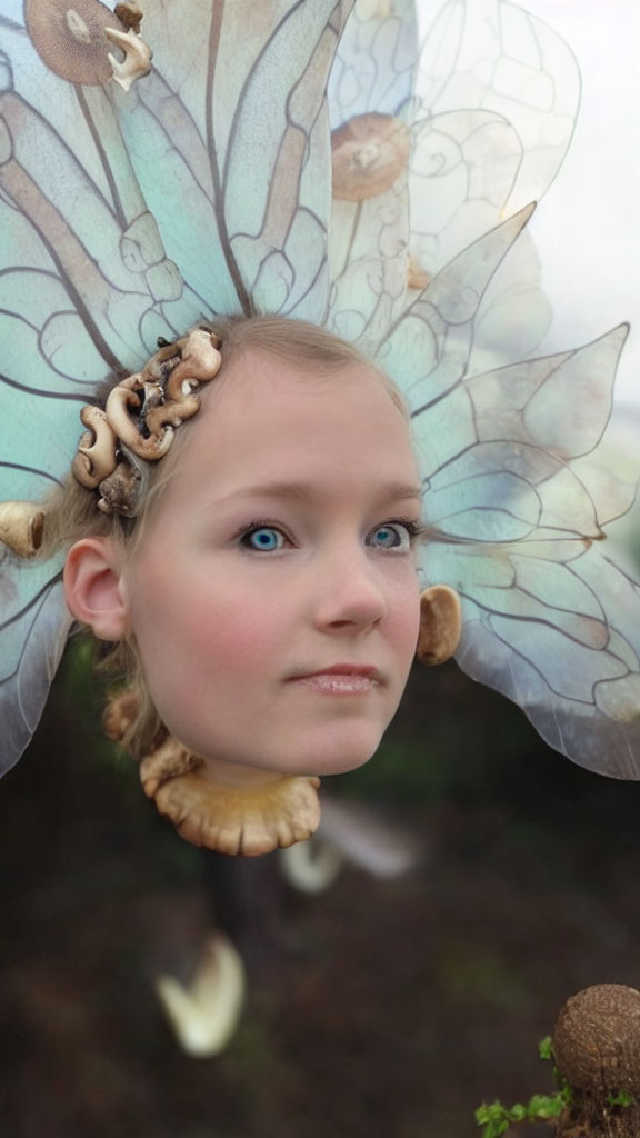 Child in fairy costume with blue eyes and translucent wings.