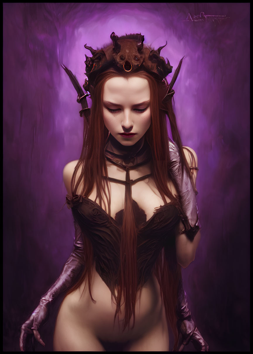 Long-haired woman in dark fantasy attire with horns and choker on purple backdrop