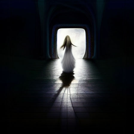 Silhouette of person with long hair in dark corridor facing glowing portal