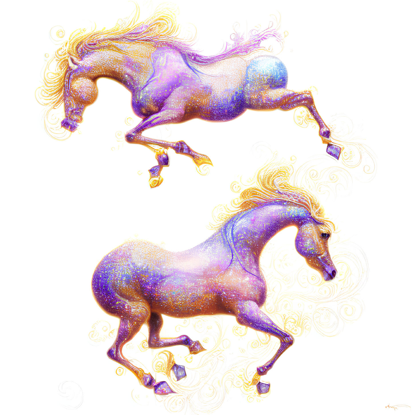 Ethereal horses with flowing manes and ornate patterns gallop gracefully