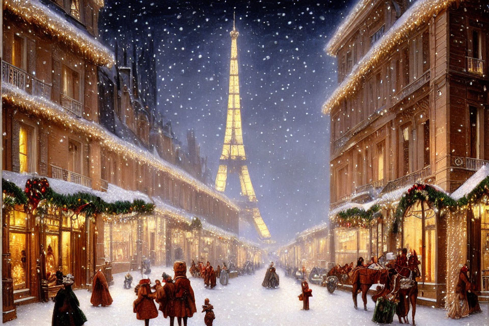 Victorian-themed winter Paris street with Eiffel Tower in snowscape