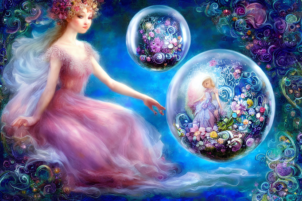 Fantastical artwork of woman in pink dress with floating orbs in vibrant floral background