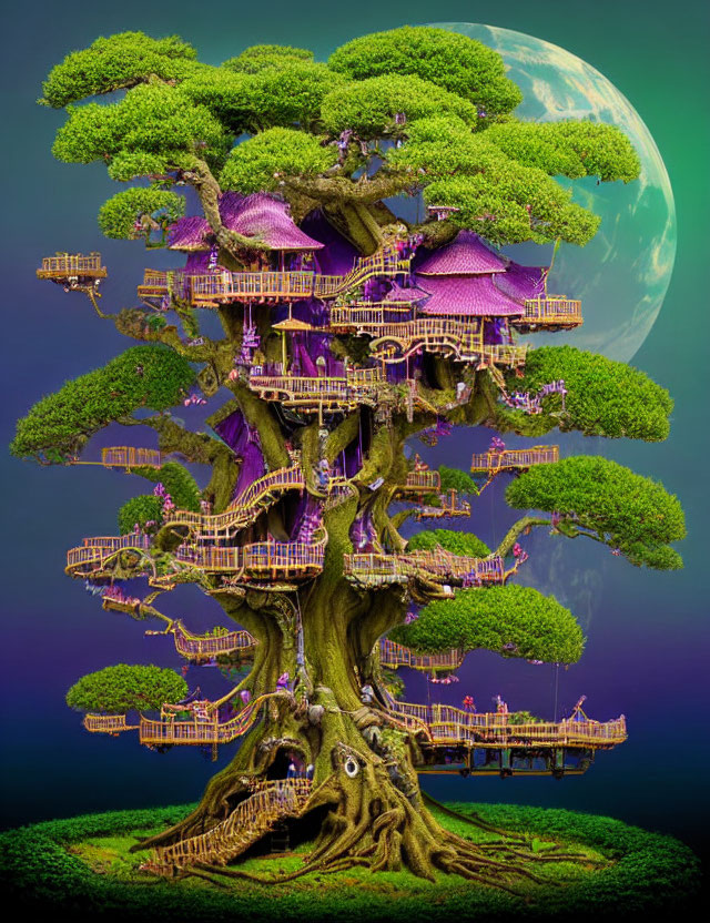 Elaborate treehouse in ancient tree with large moon backdrop