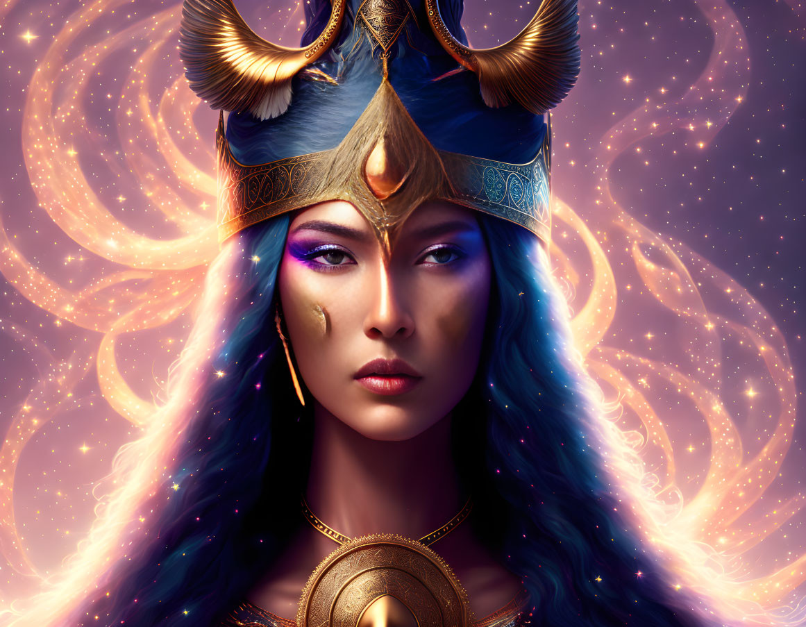 Fantasy illustration: Woman with cosmic makeup, gold and blue headdress, horn and wing motifs,