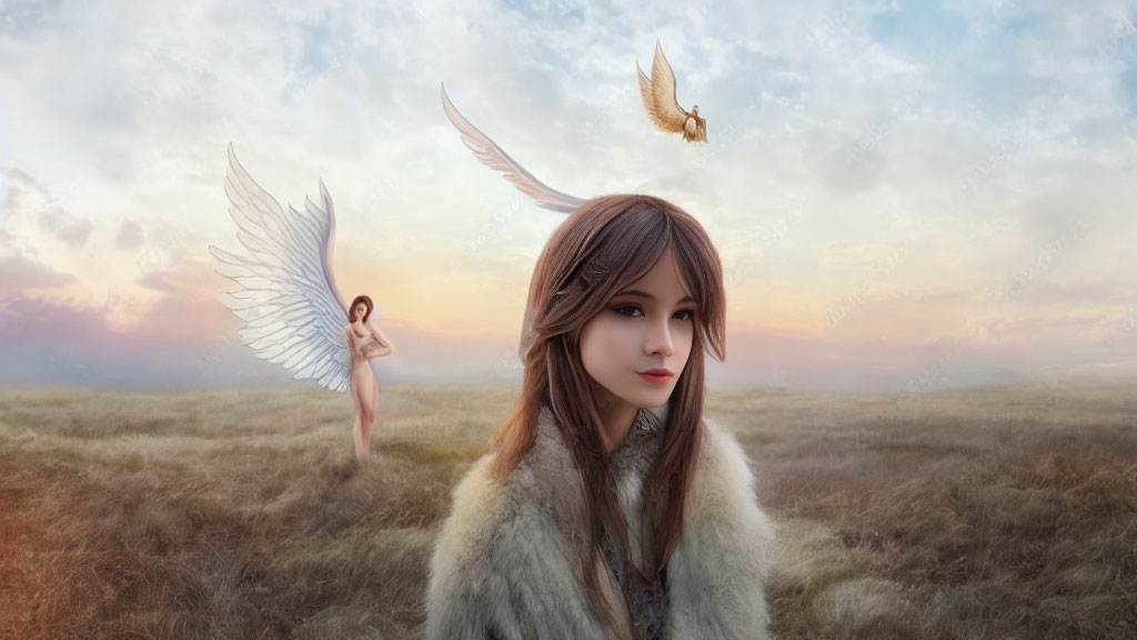 Fantasy scene with woman in fur coat, winged figure, and bird in flight.