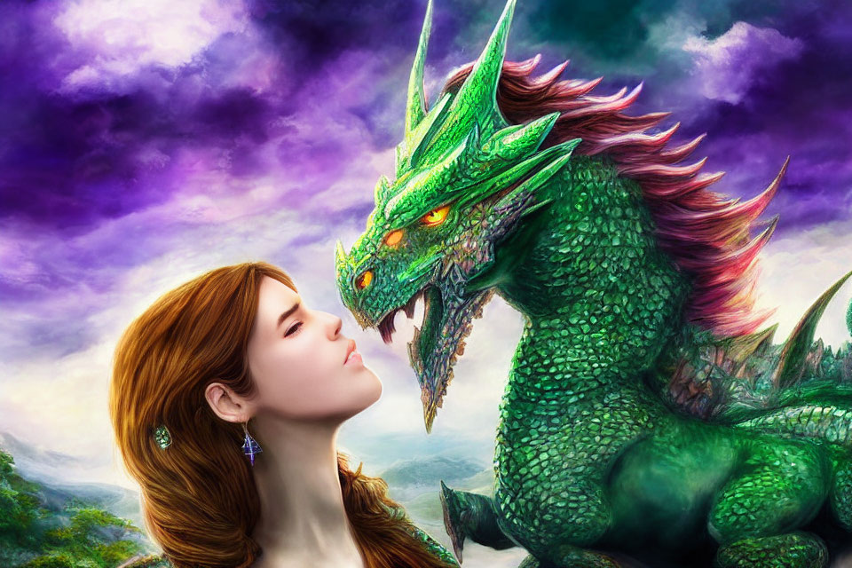 Red-haired woman peacefully faces green dragon in vibrant fantasy setting