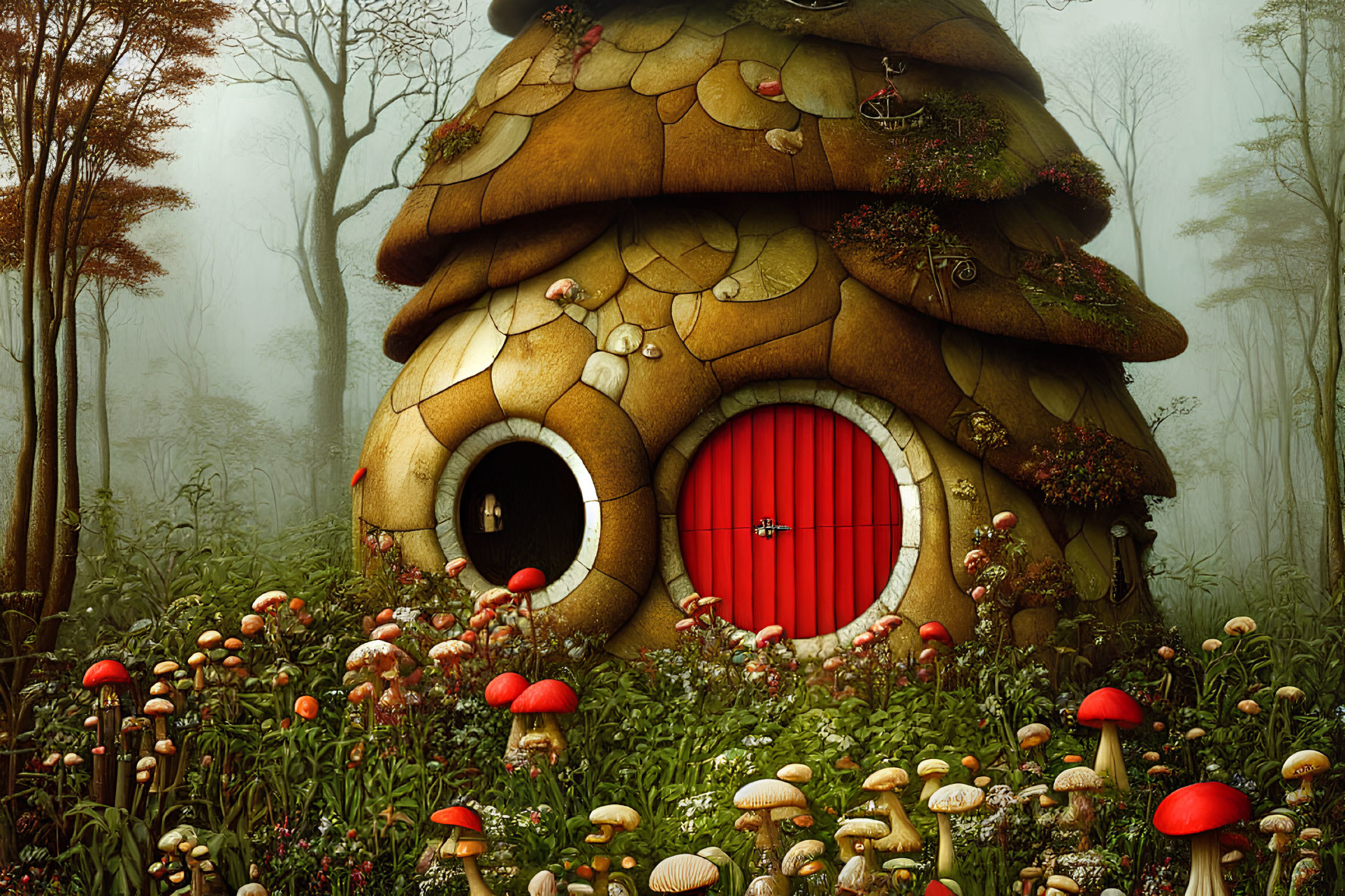 Whimsical mushroom house in enchanted forest with red door