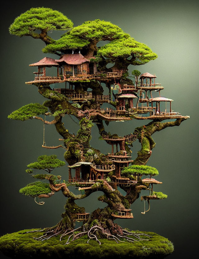 Miniature treehouse in bonsai tree with Asian architecture amid lush greenery