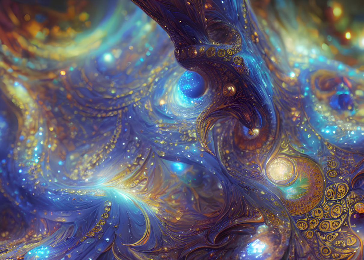 Fantasy-themed digital artwork with swirling blue and golden patterns