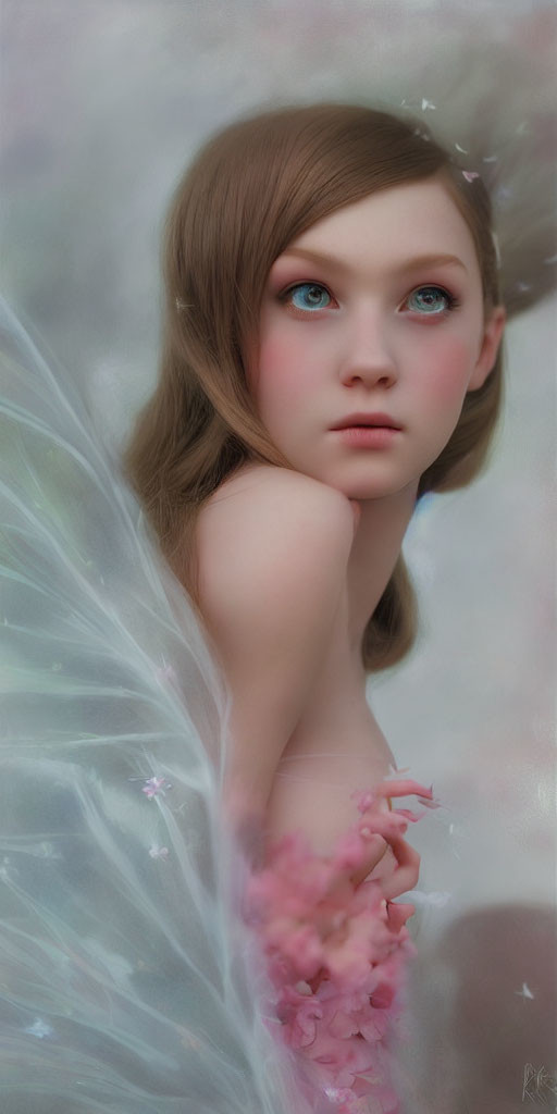 Portrait of a girl with butterfly wings, blue eyes, and pink blossoms