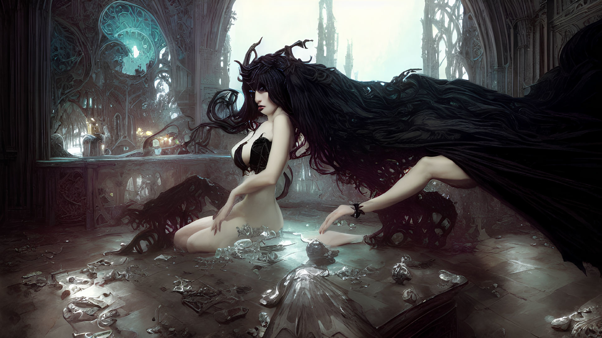 Dark-haired woman with horns in gothic fantasy setting