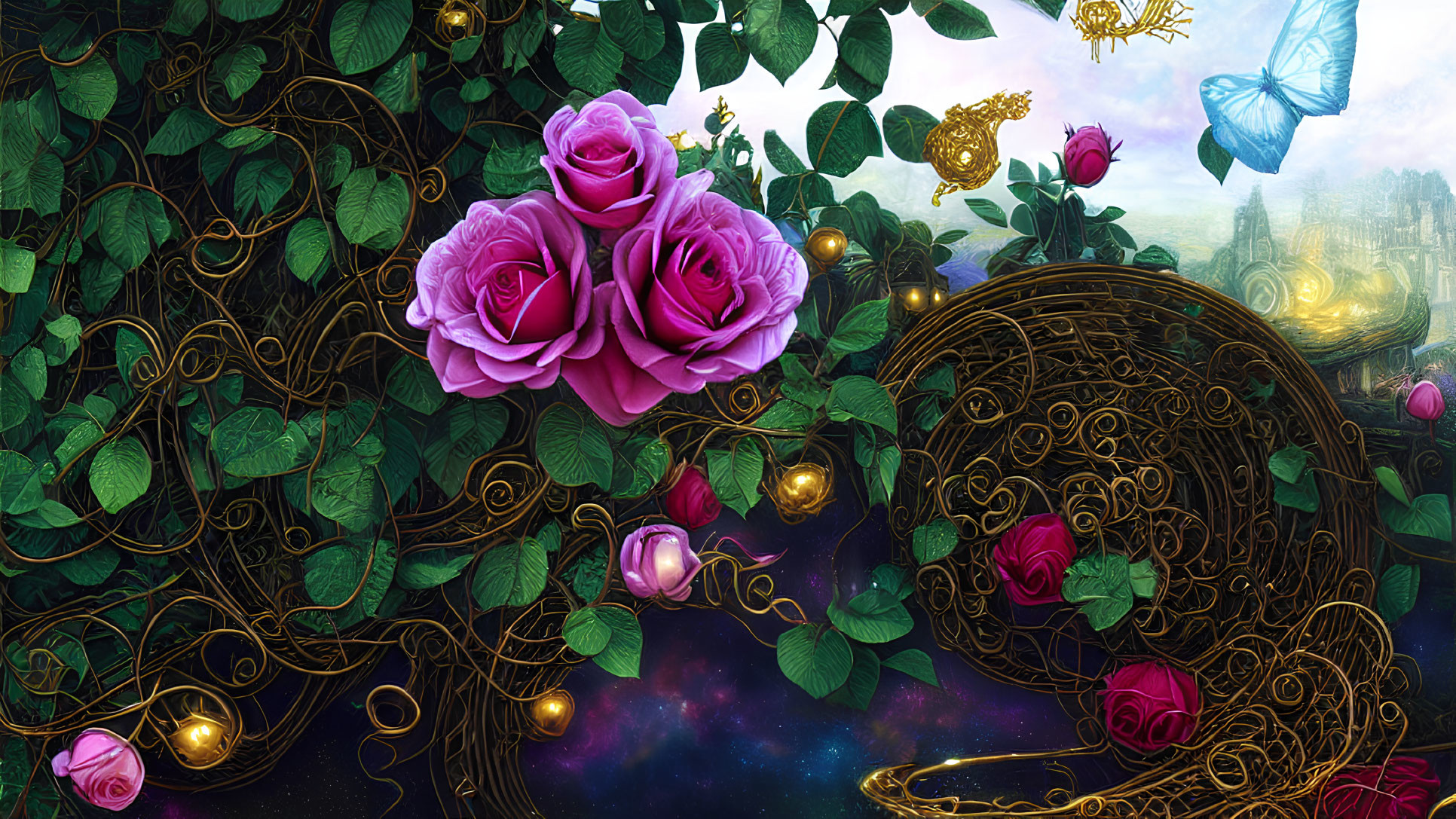 Vibrant pink roses, golden florals, ivy, butterfly, and magical city in celestial