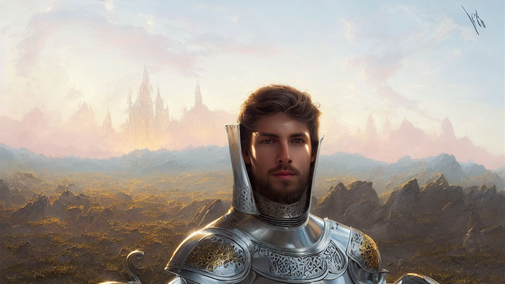 Bearded knight in ornate armor with majestic castle and dawn-lit sky