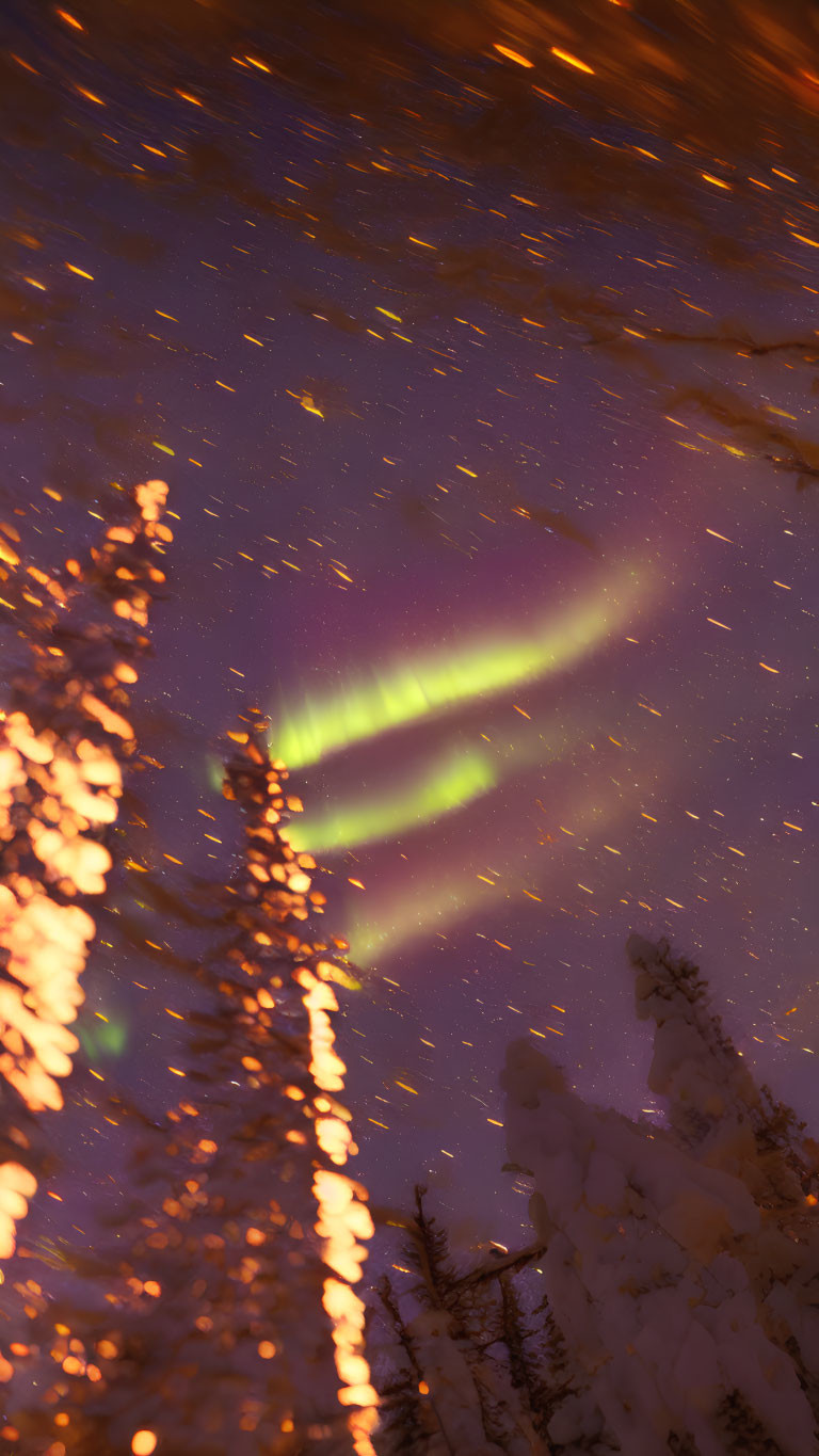 Northern Lights shine over snow-covered forest in green and purple hues