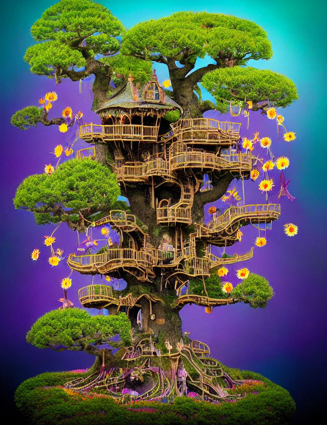 Whimsical treehouse with wooden platforms and yellow flowers on purple background